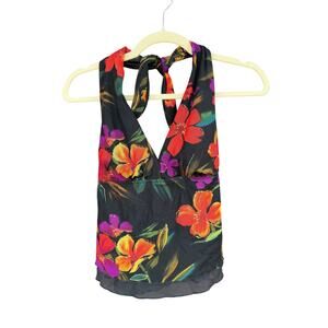 Mainstream Vintage 90s Tropical Hibiscus Halter Mesh Tankini Top